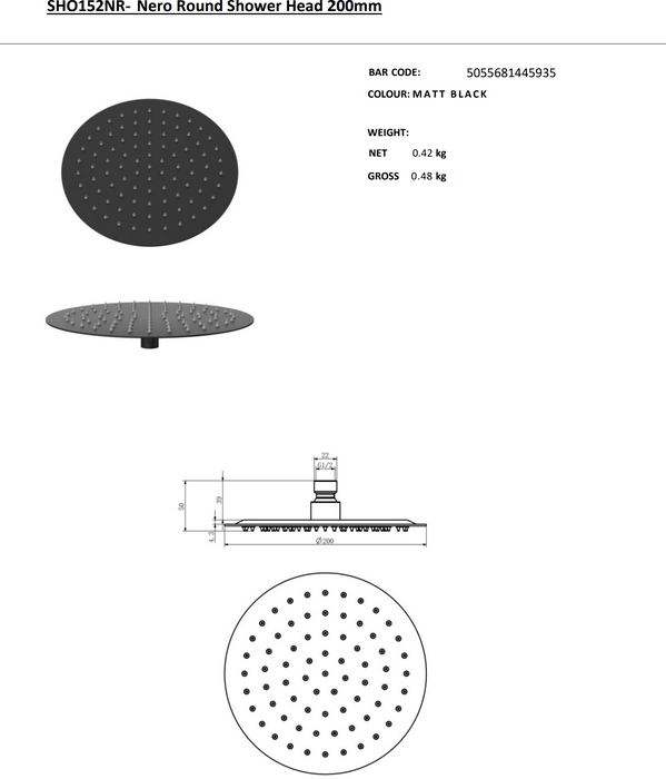 Kartell K-VIT Nero Round Shower Head -Matt Black (SHO152NR)(SHO153NR)(SHO154NR)