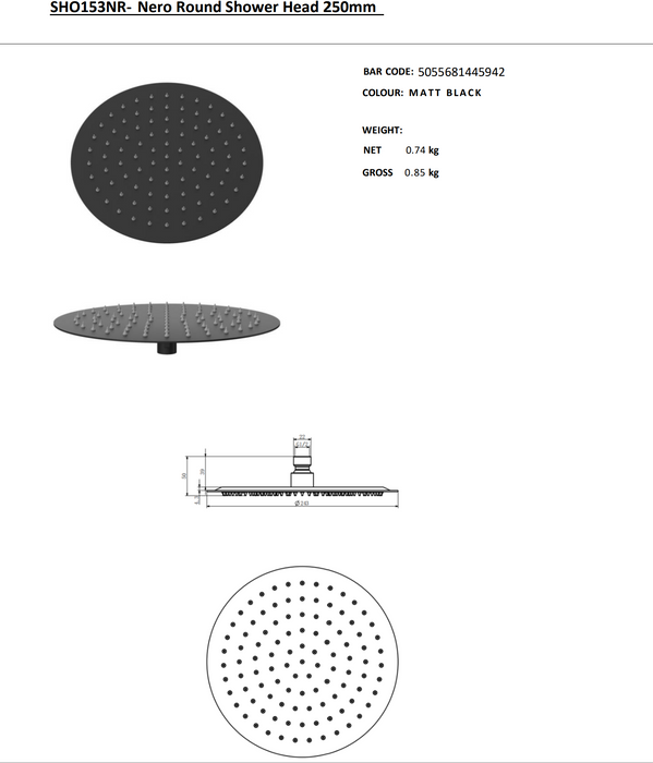 Kartell K-VIT Nero Round Shower Head -Matt Black (SHO152NR)(SHO153NR)(SHO154NR)