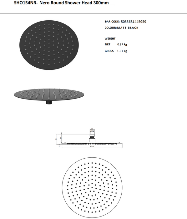 Kartell K-VIT Nero Round Shower Head -Matt Black (SHO152NR)(SHO153NR)(SHO154NR)