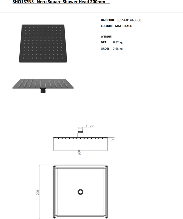Kartell K-VIT Nero Square Shower Head- Matt Black (SHO157NS)(SHO158NS)(SHO159NS)