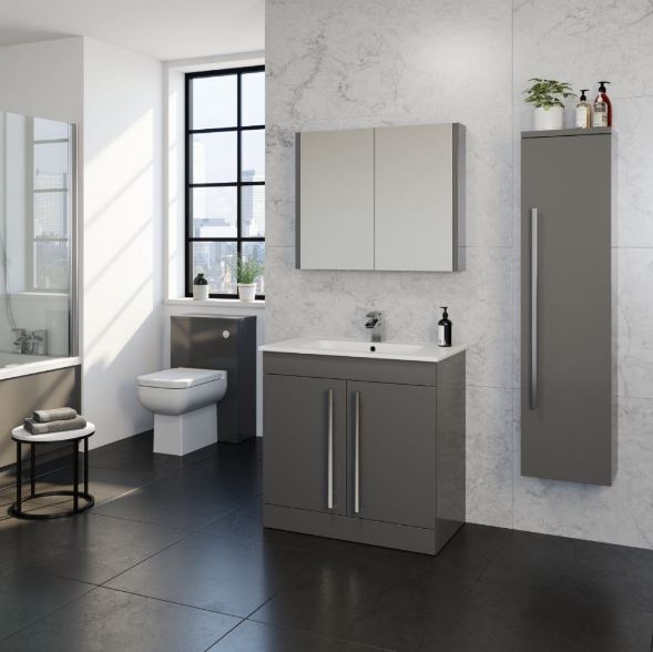 Kartell K-VIT Purity 500mm Floor Standing 2 Door Unit & Mid Depth Ceramic Basin - Storm Grey Gloss (FUR127PU-FUR064PU)