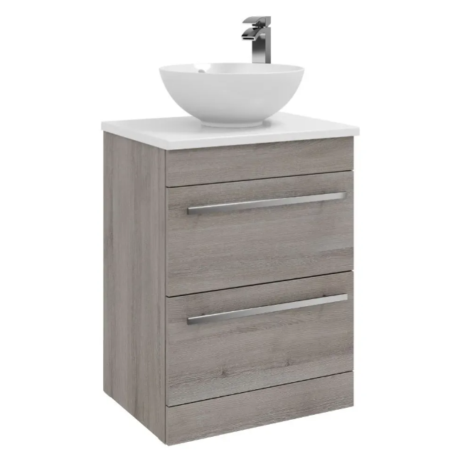 Kartell K-VIT Purity 600mm Floor Standing 2 Drawer Unit With Ceramic Worktop & Sit On Bowl- Silver Oak (PSO600WM-FUR433PU-FUR435PU)