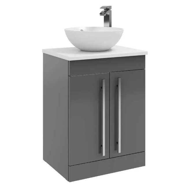 Kartell K-VIT Purity 600mm Floor Standing 2 Door Unit with Ceramic Worktop & Sit On Bowl - Storm Grey Gloss (FUR003PU-FUR433PU FUR435PU)