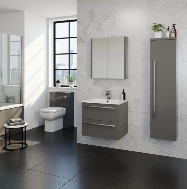 Kartell K-VIT Purity 600mm Wall Mounted Drawer Unit & Ceramic Basin - Storm Grey Gloss (FUR026PU-FUR057PU)