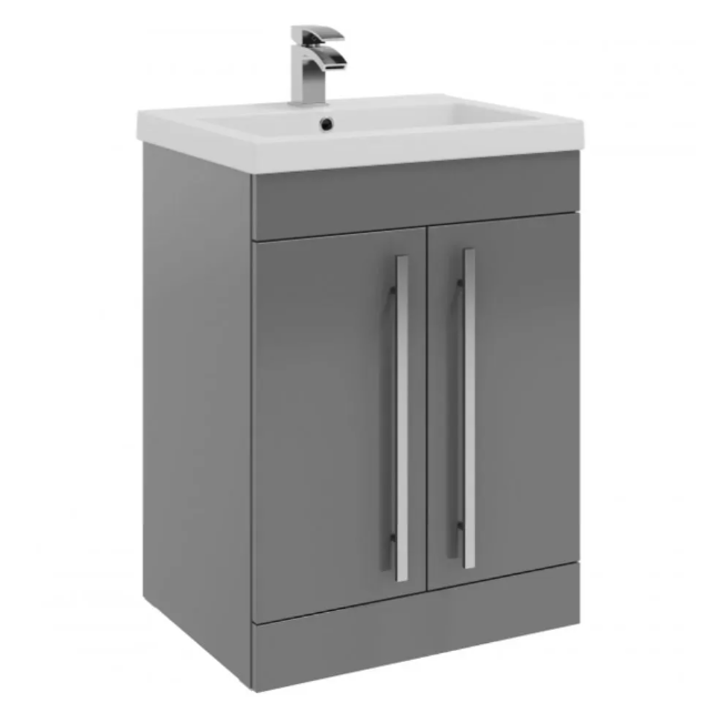 Kartell K-VIT Purity 600mm Floor Standing 2 Door Unit & Mid Depth Ceramic Basin - Storm Grey Gloss (FUR003PU-FUR061PU)