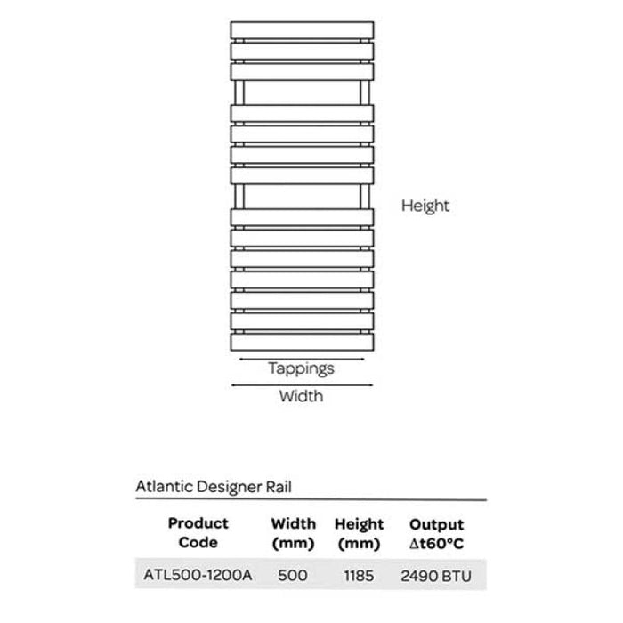 Kartell K-Vit Atlantic Designer Towel Radiator 500mm x 1185mm Grey (ATL500-1200A)