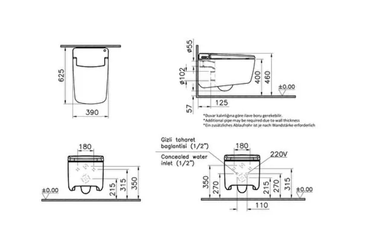VitrA V-Care Prime Rimless Wall Hung Bidet Toilet (72314036216)