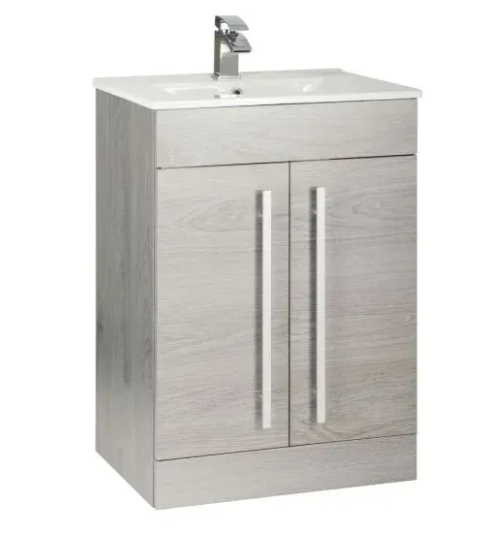 Kartell K-VIT Purity 600mm Floor Standing 2 Door Unit & Ceramic Basin- Silver Oak (PSO600DO-FUR057PU)