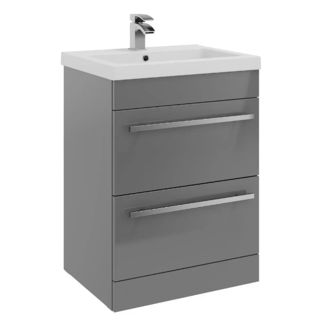 Kartell K-VIT Purity 600mm Floor Standing 2 Drawer Unit & Mid Depth Ceramic Basin - Storm Grey Gloss (FUR012PU-FUR061PU)