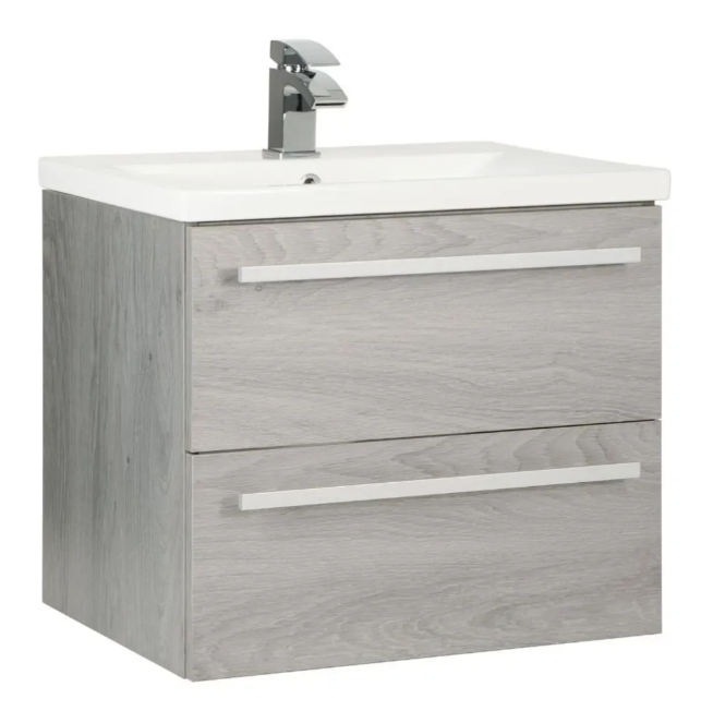 Kartell K-VIT Purity 600mm Wall Mounted 2 Drawer Unit & Mid Depth Ceramic Basin- Silver Oak (PSO600WM-FUR061PU)