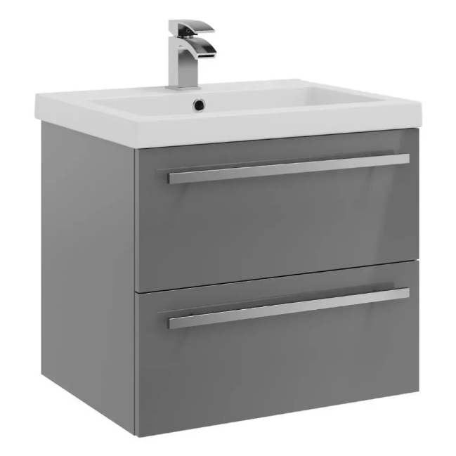 Kartell K-VIT Purity 600mm Wall Mounted 2 Drawer Unit & Mid Depth Ceramic Basin - Storm Grey Gloss (FUR026PU-FUR061PU)