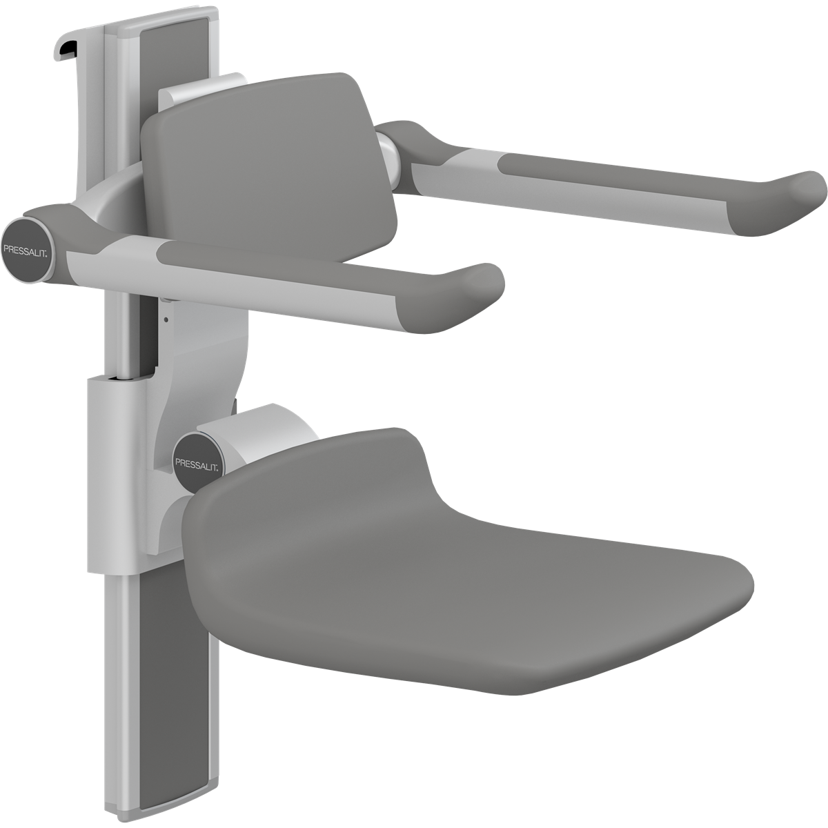 Pressalit PLUS height-adjustable shower seat with backrest and armrests on a wall track