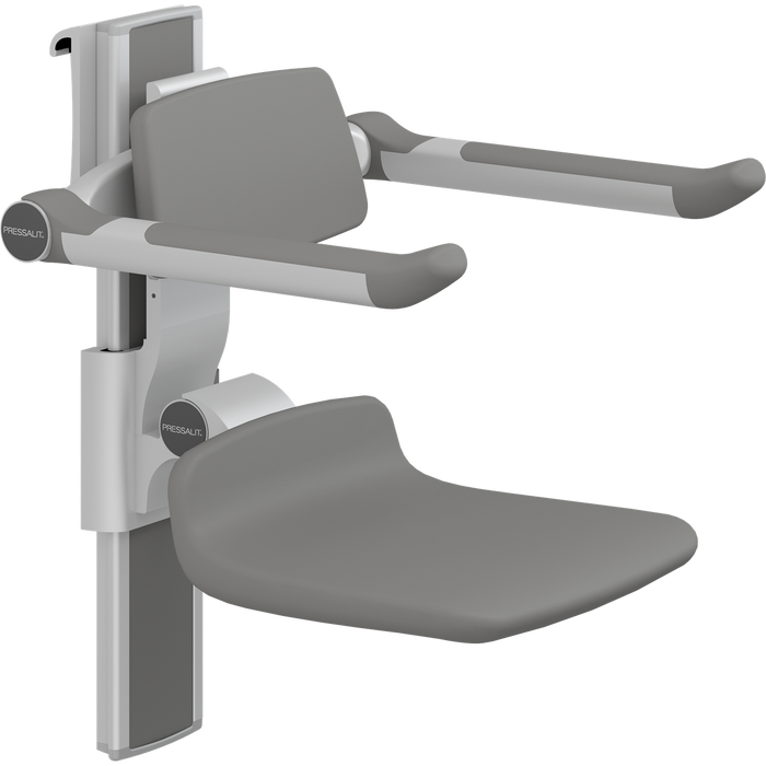 Pressalit PLUS height-adjustable shower seat with backrest and armrests on a wall track