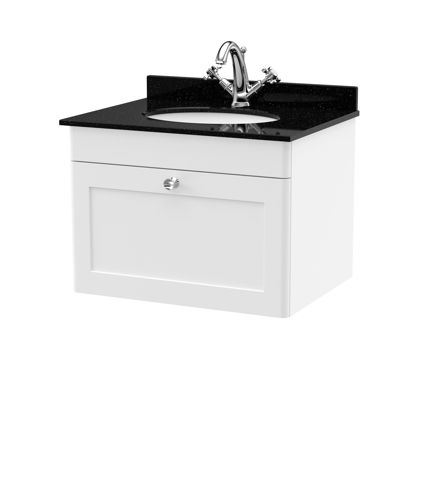 Nuie Classique wall hung vanity unit in White with black round marble countertop basin
