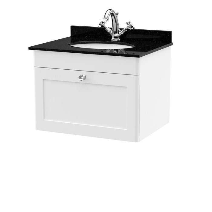 Nuie Classique wall hung vanity unit in White with black round marble countertop basin