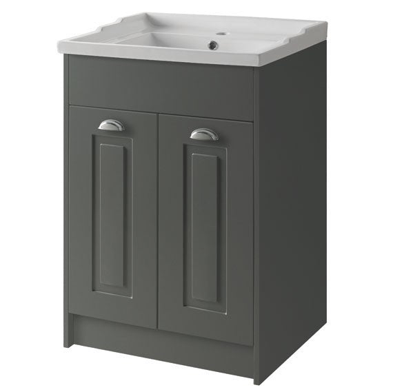 Kartell K-VIT Astley 600mm floor standing vanity unit with ceramic basin in matt grey, part of the traditional shaker Astley bathroom furniture range
