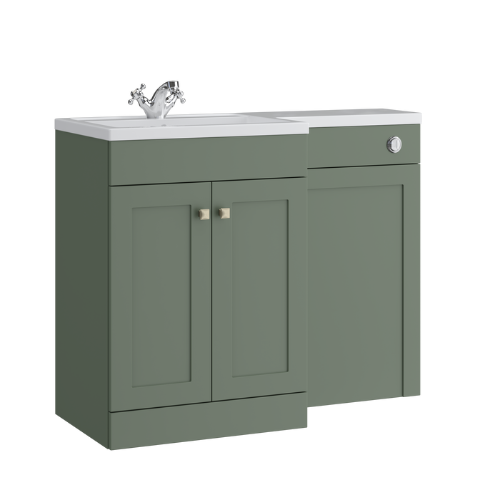 Kartell K-VIT Sanctuary 1100mm L-shaped furniture pack in corymbia green with shaker-style vanity unit, WC unit and L-shaped ceramic basin