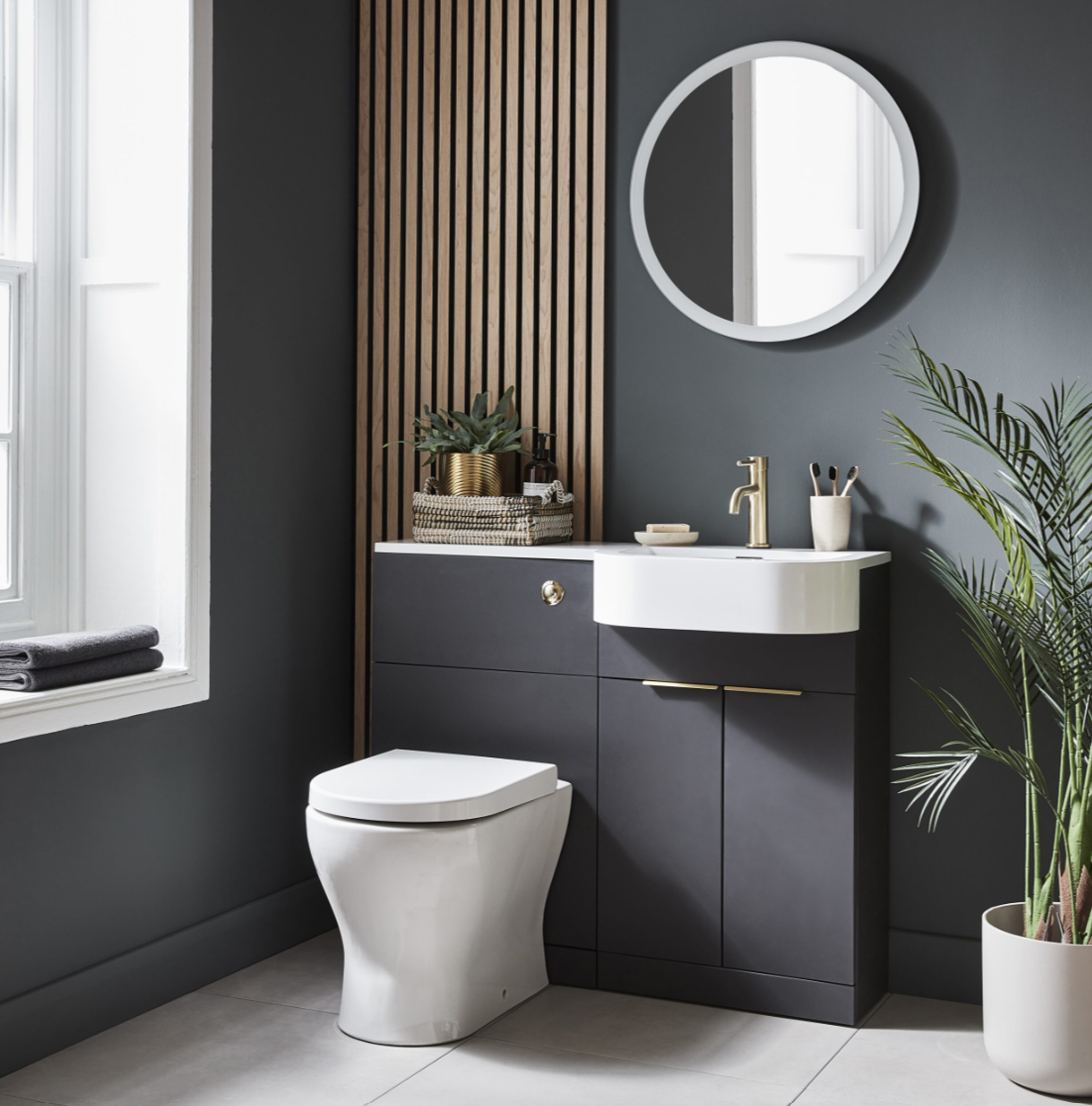Kartell K-VIT Fusion P-shaped 1010mm combination furniture pack in matt dark grey with brushed brass handles