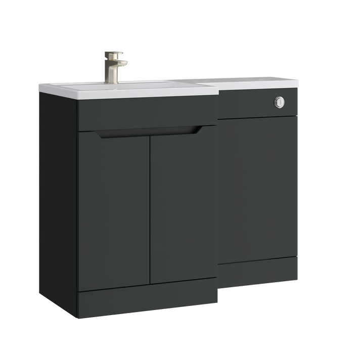 Kartell K-VIT Urban 1100mm L-shaped furniture pack in matt anthracite with handleless vanity unit, WC unit and L-shaped ceramic basin