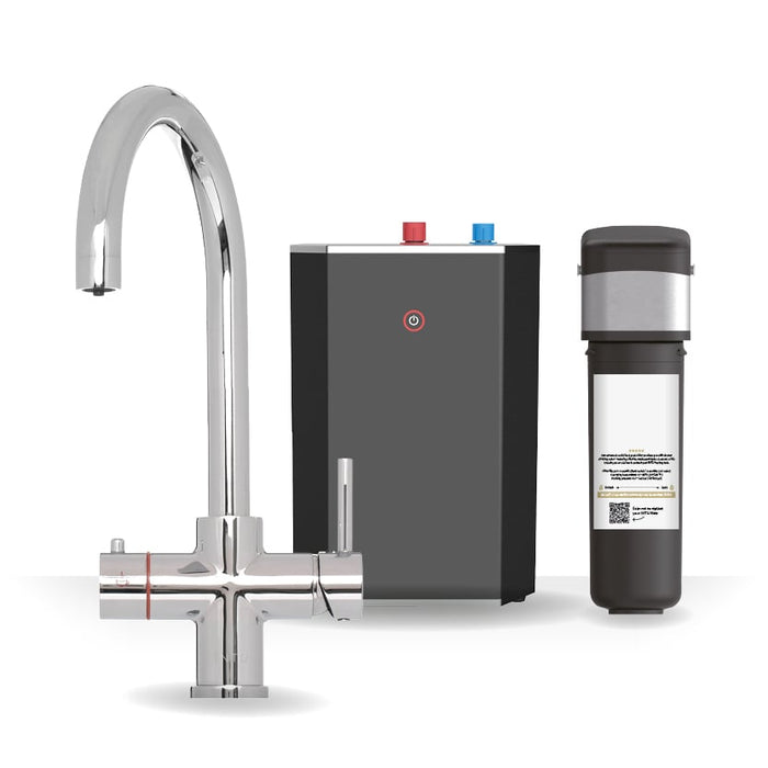 Brewmaster 4-in-1 swan neck instant boiling water kitchen tap in Chrome with digital under-sink tank