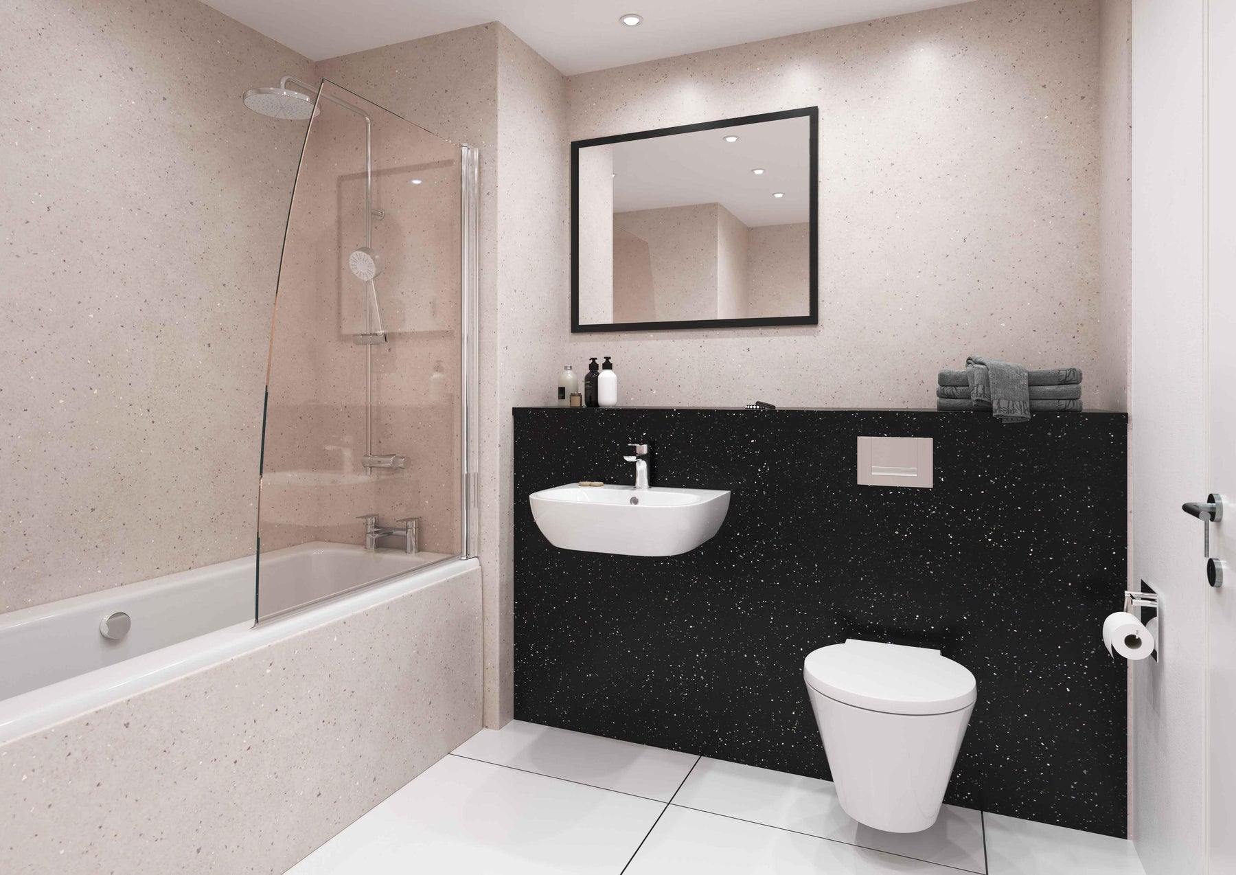 Bushboard Nuance Doux Lime Quartz wall panels in a bathroom