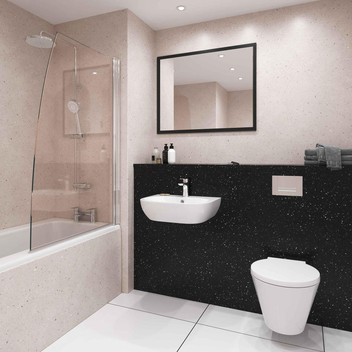 Bushboard Nuance Doux Lime Quartz wall panels in a bathroom