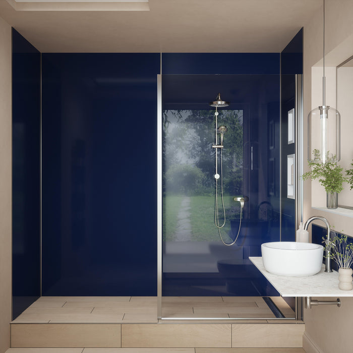 Bushboard Nuance Fusion Dark Denim wall panels in a bathroom