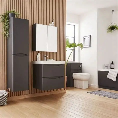 Kartell K-VIT Arc bathroom furniture range – vanity, WC, cloakroom and tall storage units in Matt Cashmere, Matt Graphite and White Gloss