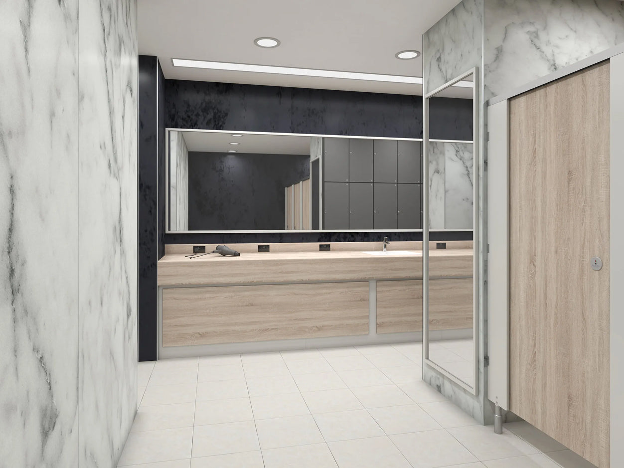 Commercial washroom toilet cubicles in Grey Sonoma Oak and Royal White