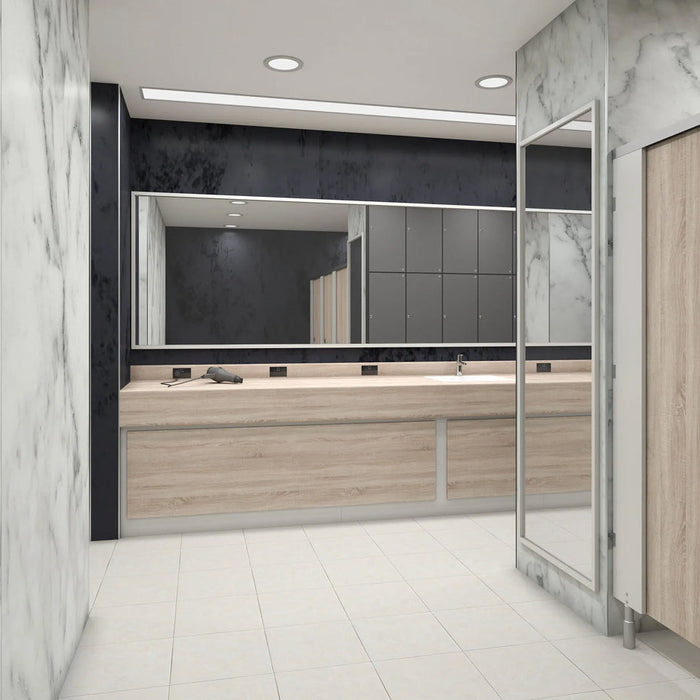 Commercial washroom toilet cubicles in Grey Sonoma Oak and Royal White