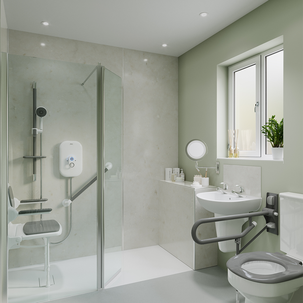 AKW SmartCare Lever electric care shower installed in a level-access bathroom with support-rated riser rail