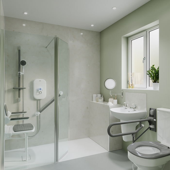 AKW SmartCare Lever electric care shower installed in a level-access bathroom with support-rated riser rail