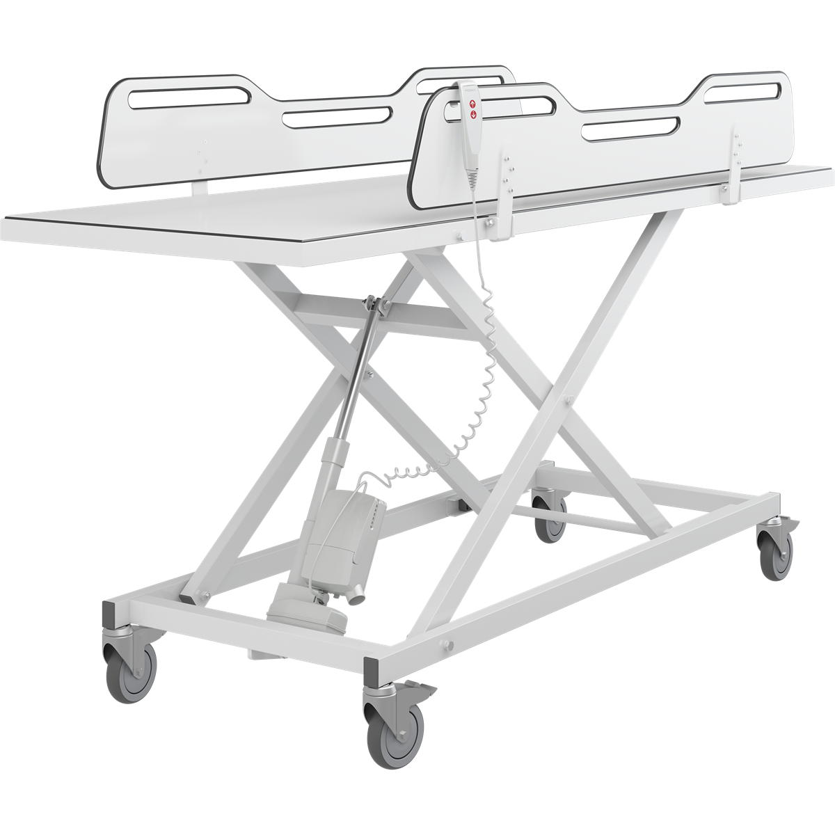 Pressalit MCT 3 change trolley in white, electrically height adjustable
