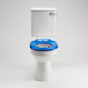 AKW blue ergonomic toilet seat without lid fitted to a toilet pan
