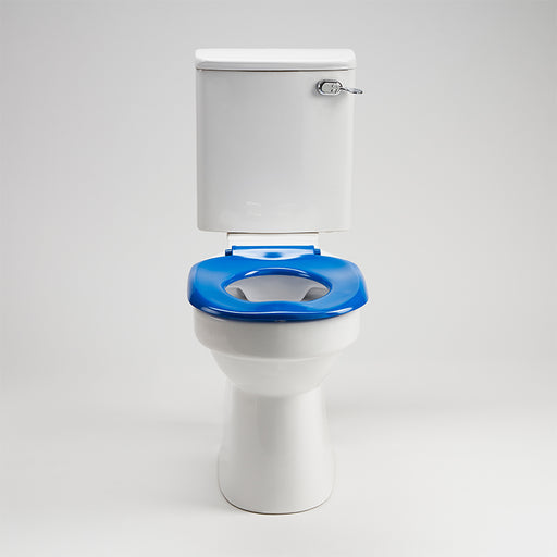 AKW blue ergonomic toilet seat without lid fitted to a toilet pan