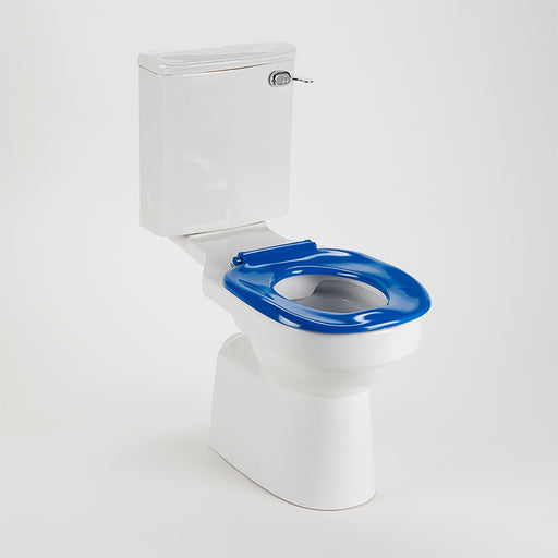 AKW blue ergonomic toilet seat without lid angled view on toilet pan