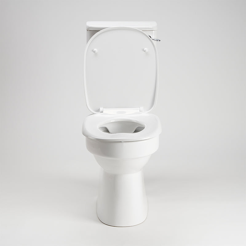AKW white ergonomic toilet seat with lid shown lid up fitted to a toilet pan