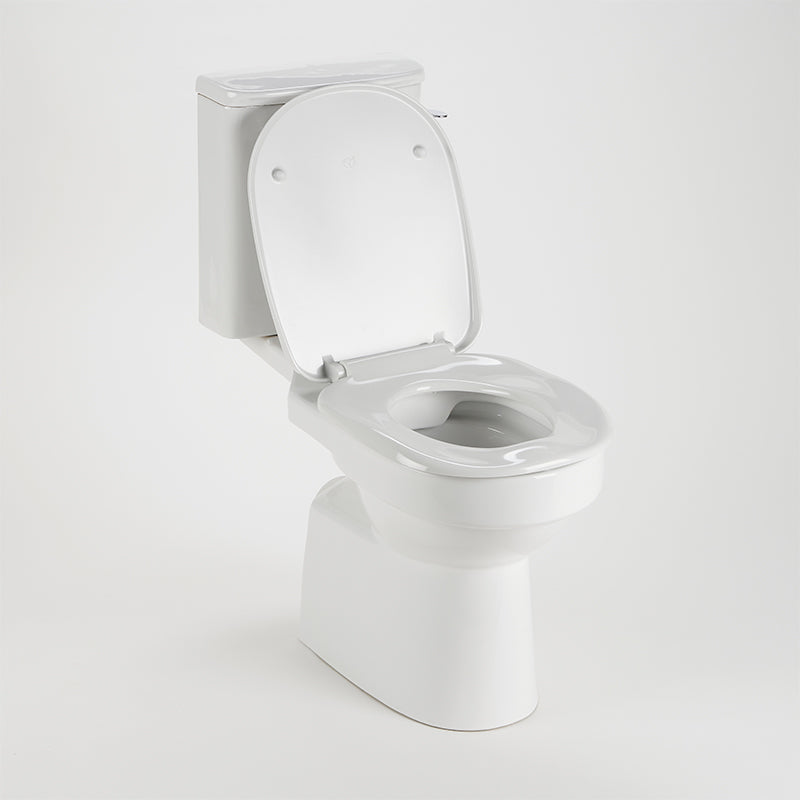 AKW white ergonomic toilet seat with lid angled view on toilet pan