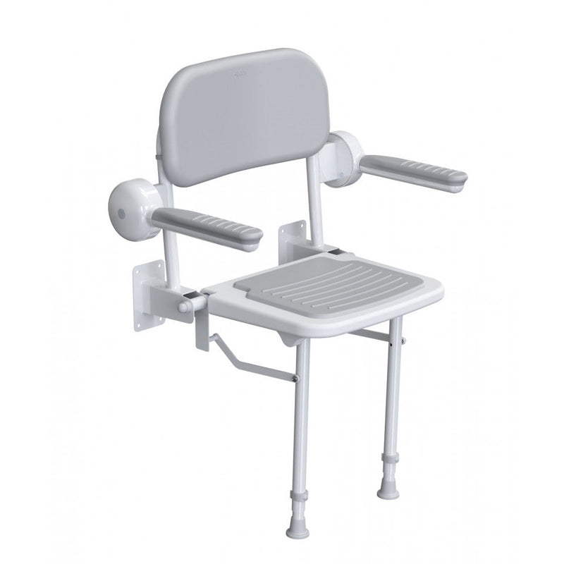 AKW 1000 Series 01122 Compact Wall Mounted Fold Up Grey Padded Shower Seat with Back and Arms