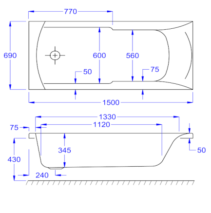 Carron Axis Single Ended Bath 1500 x 700mm 5mm Acrylic (02029 / 02029T)