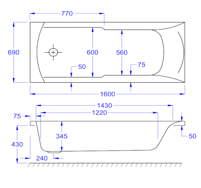 Carron Axis Single Ended Bath 1600 x 700mm Carronite (02034 / 02034T)