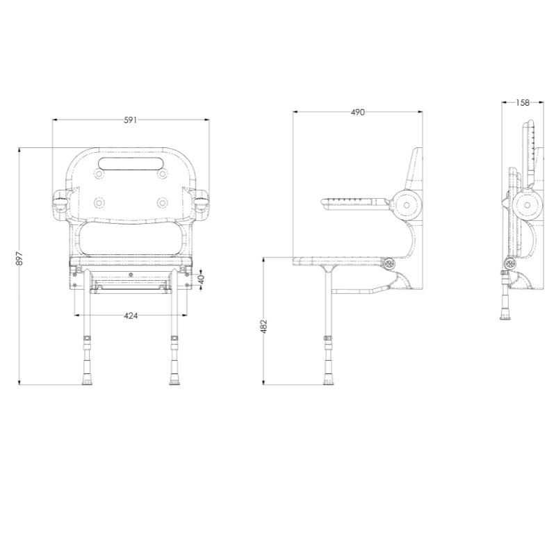 AKW 02230P Standard Fold Up Wall Mounted Shower Seat with Blue Padded Back and Arms