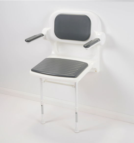 AKW 2000 Series Fold Up Padded Shower Seat with Back & Arms – Mid Grey (02132P)