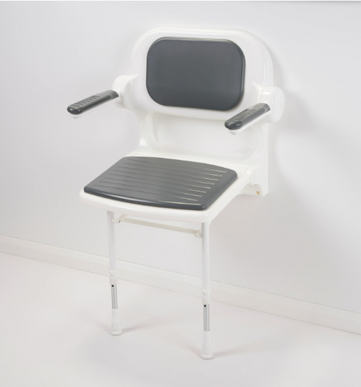 AKW 2000 Series fold up padded shower seat with back and arms in mid grey