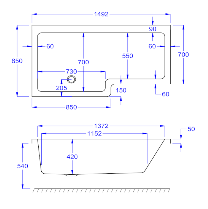 Carron Quantum L-Shaped Right Hand Shower Bath 1500 x 850mm Carronite (02176)