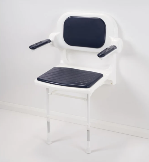 AKW 2000 Series Fold Up Padded Shower Seat with Back & Arms – Dark Blue (02232P)