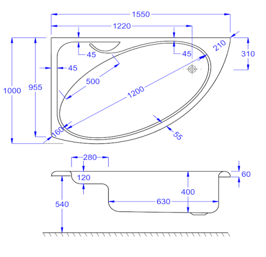 Carron Dove Corner Bath Left Hand 1550 x 950mm 5mm Acrylic (02232)