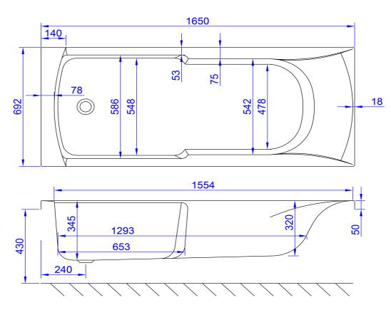 Carron Axis Single Ended Bath 1650 x 700mm 5mm Acrylic (02585 / 02585T)