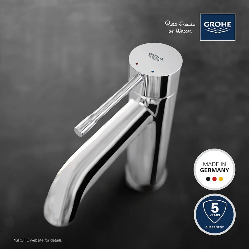 Grohe Essence Basin Mixer Tap S-Size push-open waste StarLight Chrome dimensions drawing