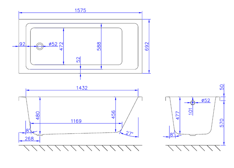 Carron Quantum Single Ended Bath 1575 x 700mm Carronite (02751)